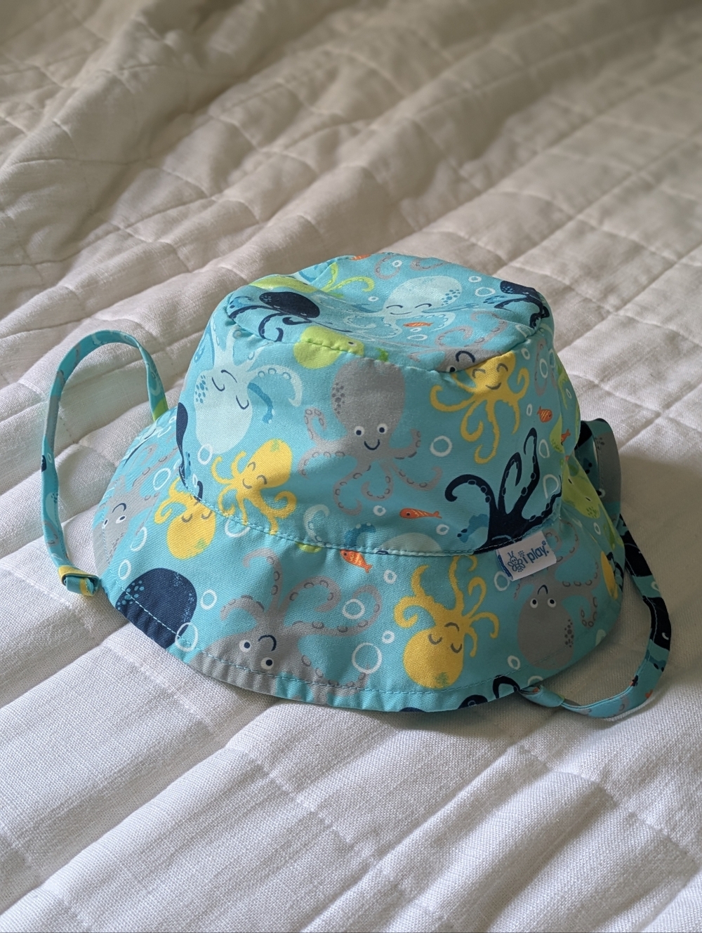 i play. Baby Bucket Hat in Aqua, Navy, Gray with Octopus Print UPF50+